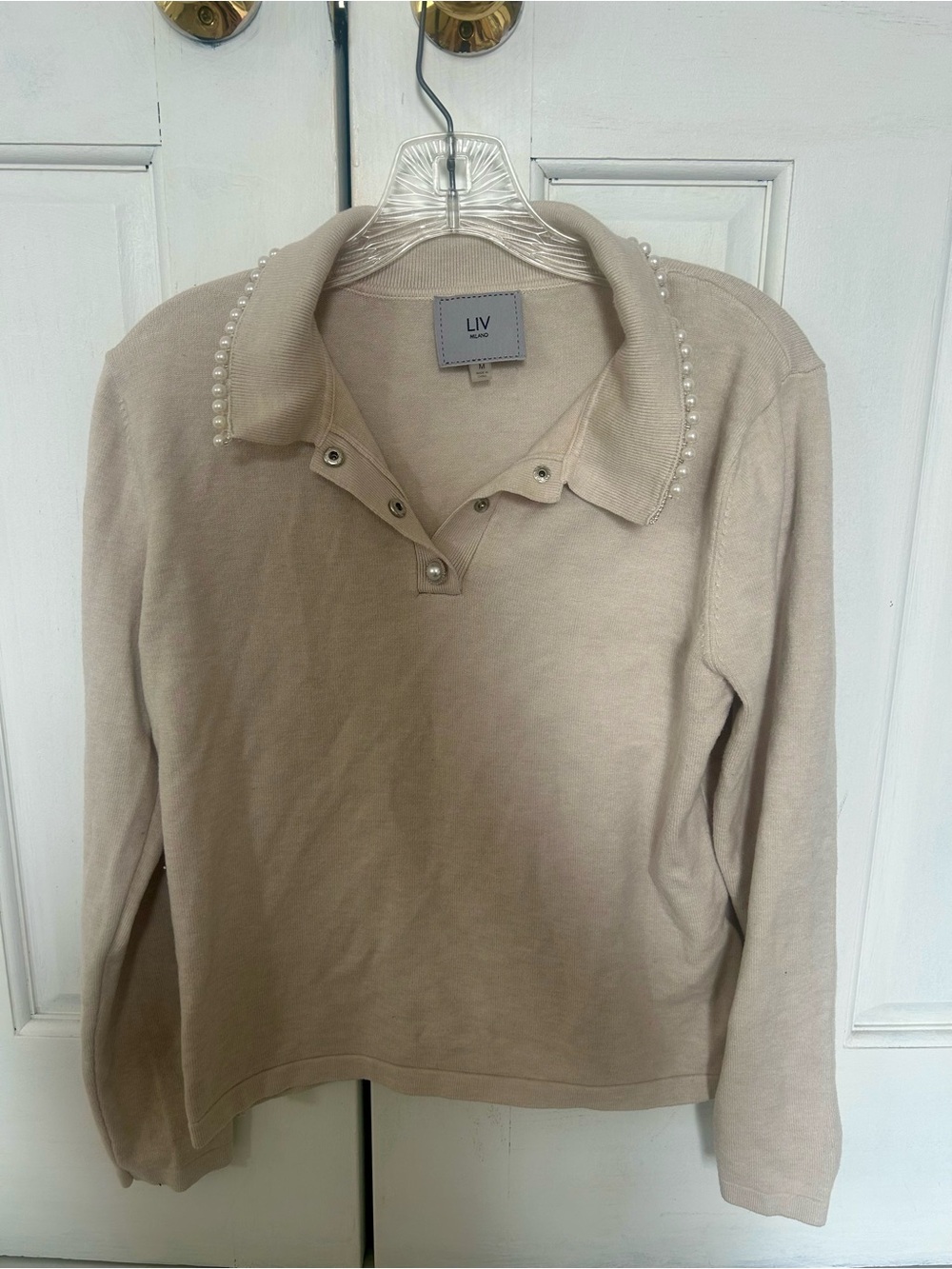 LIV Pearl-Trim Polo Sweatshirt - Cream
